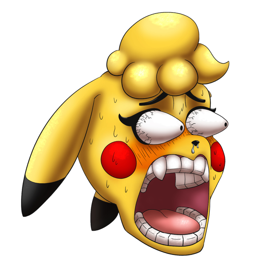 1:1 alpha_channel anthro blush blush_lines bodily_fluids bulging_eyes curled_hair ears_down enel_shocked_face eye_bulge fangs female gaping_mouth generation_1_pokemon hair hi_res meme meme_face nintendo one_piece open_mouth ori-doggo pikachu pivoted_ears pokemon pokemon_(species) poofy_hair shocked snot solo sweat teeth volta_(ori-doggo)