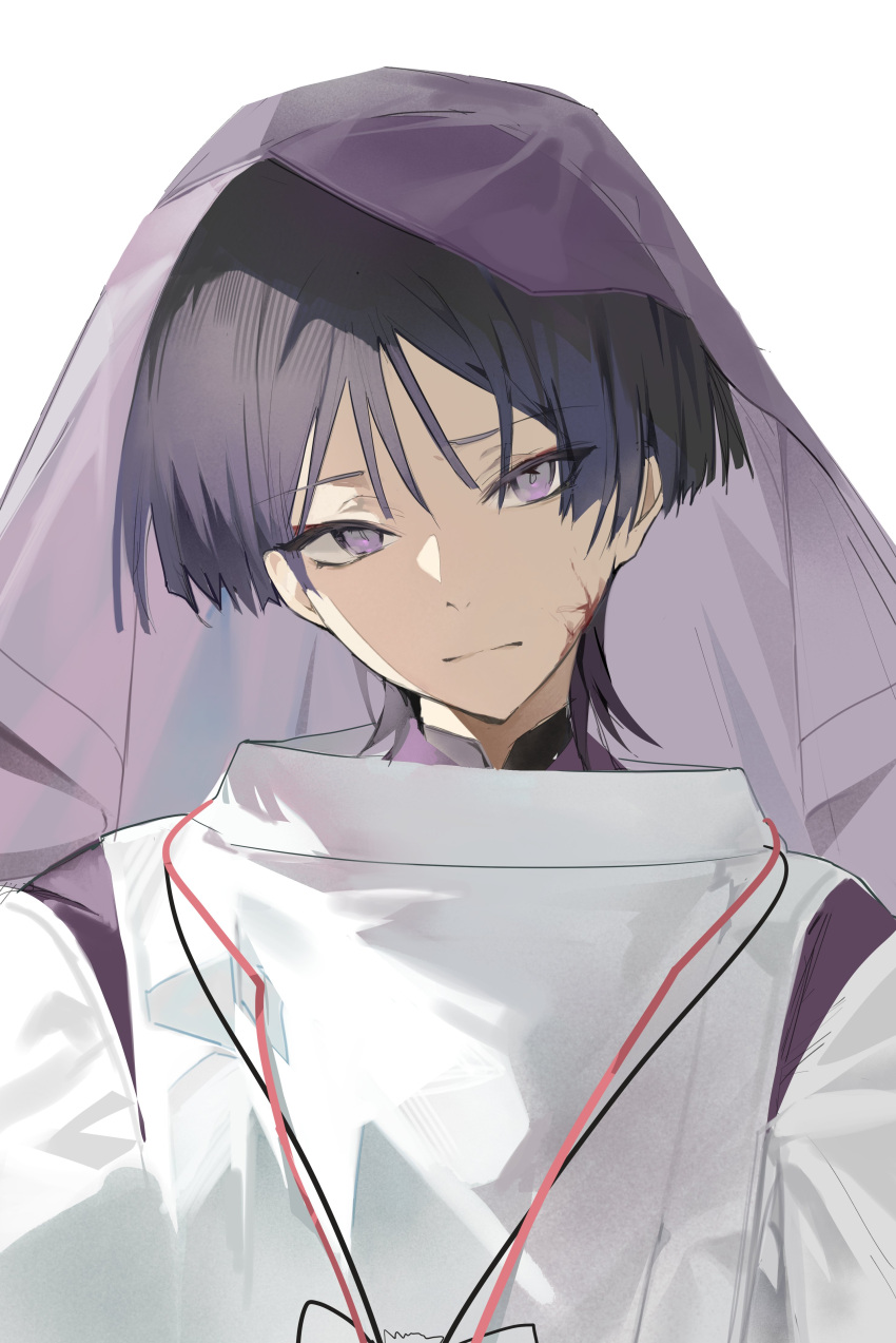 1boy absurdres black_hair blood blood_on_face blunt_ends closed_mouth clothing_cutout expressionless genshin_impact head_tilt highres japanese_clothes kariginu kimono layered_kimono layered_sleeves looking_at_viewer male_focus mandarin_collar ohaek12 purple_eyes purple_kimono purple_sleeves purple_veil scaramouche_(genshin_impact) scaramouche_(kabukimono)_(genshin_impact) see-through_clothes see-through_veil shoulder_cutout solo string upper_body veil white_background white_sleeves