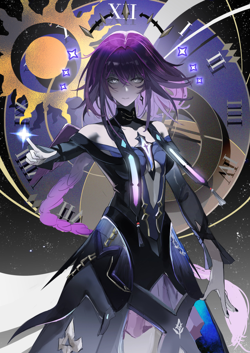 absurdres bare_shoulders black_dress blue_dress crossed_bangs dress earrings female grey_eyes hair_between_eyes highres ishmael_(pgr) jewelry long_hair long_sleeves pointing punishing:_gray_raven purple_hair solo wen54