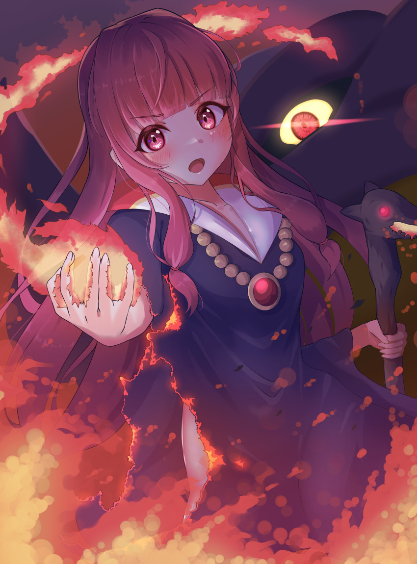 1other absurdres blunt_bangs burning_clothes colored_sclera commentary_request cosplay crossover dragon dragon_lord dragon_lord_(cosplay) dragon_quest dragon_quest_i female fire floating_hair glowing glowing_eyes hatyomugi00 highres holding holding_staff jewelry kotonoha_akane long_hair looking_at_viewer necklace open_mouth pink_eyes pink_hair purple_robe red_eyes robe staff voiceroid yellow_sclera