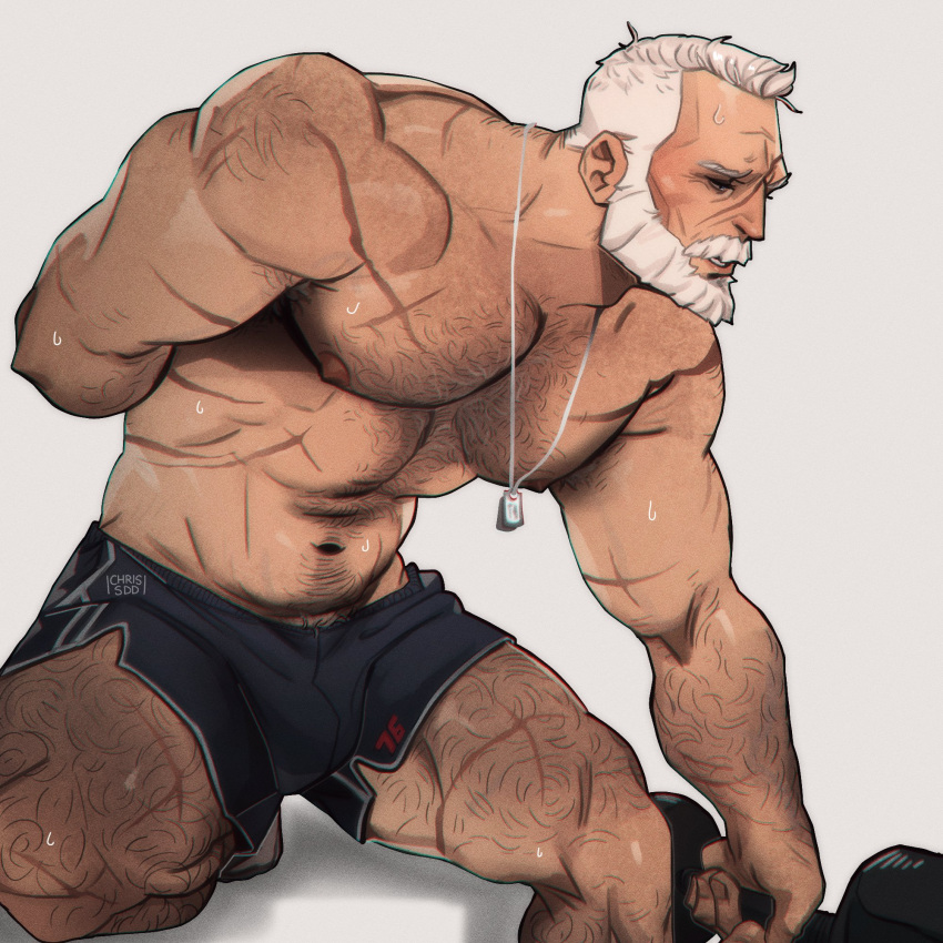 1boy 2022 arm_hair bara beard black_shorts body_hair broad_shoulders chest_hair chris_sdd connected_beard facial_hair highres leg_hair male_focus moustache muscular muscular_male navel old old_man on_one_knee overwatch overwatch_2 scar scar_on_arm scar_on_chest scar_on_face scar_on_leg scars_all_over short_hair shorts simple_background soldier:_76_(overwatch) sweat weights white_hair