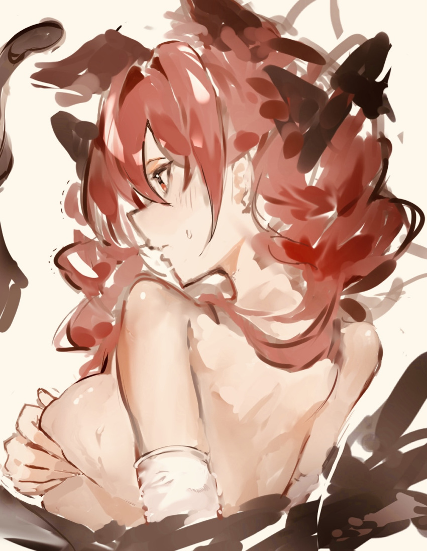 animal_ears bare_shoulders black_bow bow breasts cat_ears cat_girl cat_tail deep_skin female hairbow hands_on_own_breasts highres kaenbyou_rin large_breasts long_hair nude po_(anhk5528) red_eyes red_hair sidelocks sweatdrop tail touhou