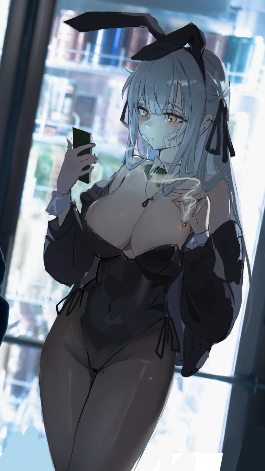 absurdres backlighting bandage_on_face bandages bang_dream! bang_dream!_it's_mygo!!!!! bare_shoulders black_jacket black_leotard black_pantyhose black_ribbon breasts cellphone cigarette cleavage detached_collar female highres jacket jewelry large_breasts leotard long_hair long_sleeves looking_at_phone nail_polish necklace open_clothes open_jacket pantyhose phone pink_nails playboy_bunny ribbon side-tie_leotard smartphone smoke smoking solo tobacco togawa_sakiko white_hair wrist_cuffs yellow_eyes yuyiosang