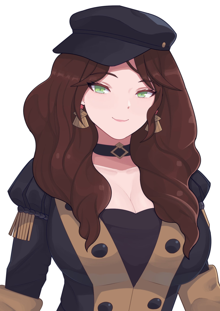 black_choker black_hat black_jacket black_shirt brown_hair choker djames dorothea_arnault earrings female fire_emblem fire_emblem:_three_houses garreg_mach_monastery_uniform green_eyes hat highres jacket jewelry juliet_sleeves long_hair long_sleeves looking_at_viewer puffy_sleeves shirt simple_background smile solo upper_body white_background