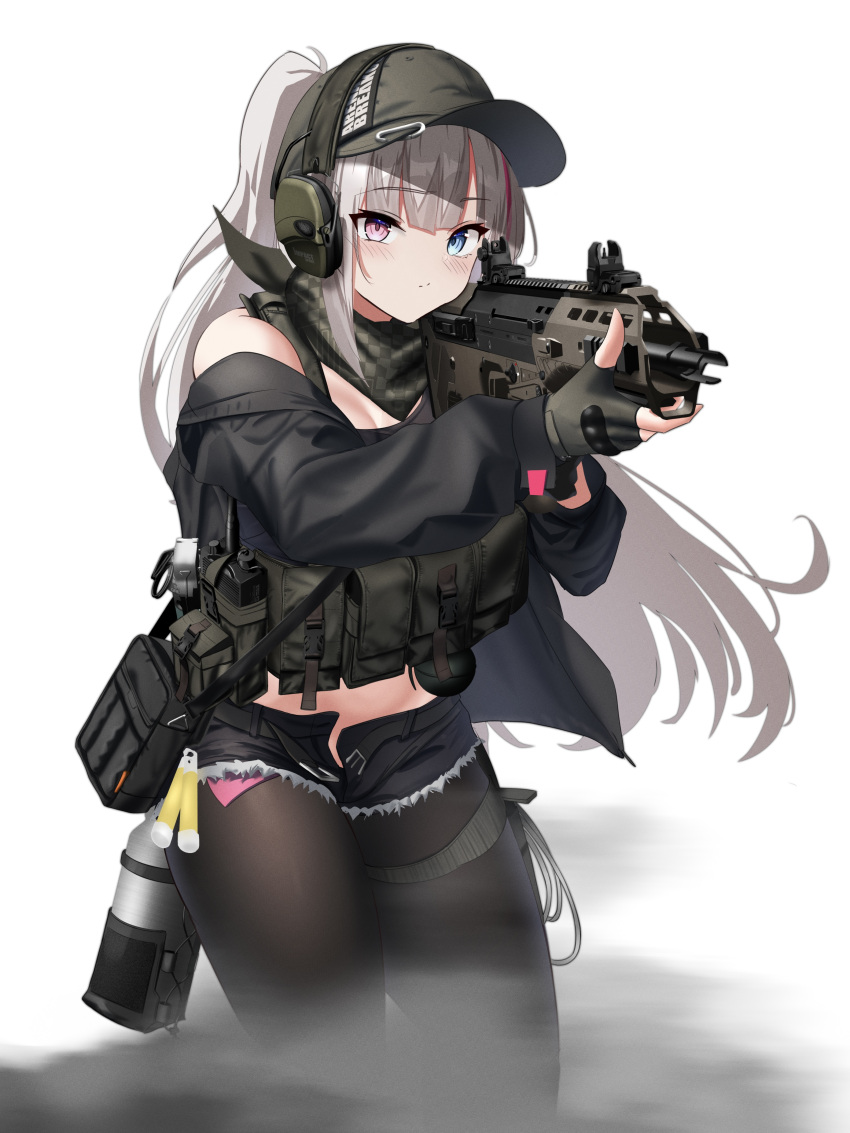 absurdres aiming arena_breakout assault_rifle bandana bandana_around_neck baseball_cap black_jacket black_pantyhose black_shorts blue_eyes blush bullpup closed_mouth clothes_writing commentary_request commission cowboy_shot desert_tech_mdr ear_protection explosive female fingerless_gloves flashbang girls'_frontline gloves grenade gun hat heterochromia highres jacket lightstick load_bearing_vest long_hair mdr_(girls'_frontline) micro_shorts military multicolored_hair off_shoulder official_alternate_costume official_alternate_hairstyle open_fly pantyhose pink_eyes pink_hair pixiv_commission ponytail pouch rifle rynn_(rynn_cube) shorts simple_background smoke solo streaked_hair tactical_clothes two-tone_hair walkie-talkie weapon white_background white_hair