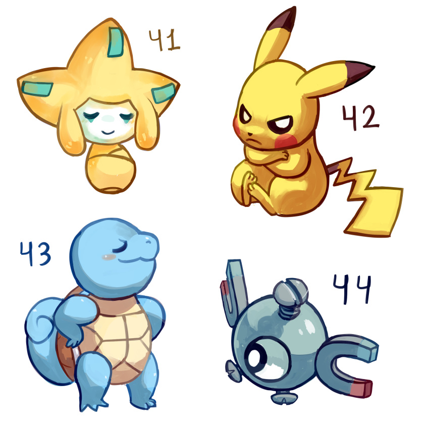 2016 absurd_res ambiguous_gender angry biped black_eyes blue_body blush cheek_spots closed_eyes closed_smile crossed_arms digital_media_(artwork) feral flavia-elric floating_hands generation_1_pokemon generation_3_pokemon group hi_res intrigued jirachi legendary_pokemon magnemite male mouth_closed nintendo number pikachu pokemon pokemon_(species) prideful pupils red_cheeks shell simple_background sitting sleeping smile squirtle standing tail white_background white_pupils white_sclera yellow_body yellow_tail