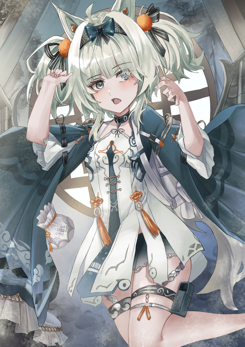 absurdres ahoge animal_ears chinese_clothes female grey_eyes grey_hair hair_intakes hair_ornament hairband heterochromia highres mechanical_ears mochigana no._21:_feral_scent_(pgr) no._21_(pgr) official_alternate_costume official_alternate_hair_length official_alternate_hairstyle open_mouth orange_pom_poms pom_pom_(clothes) pom_pom_hair_ornament pouch punishing:_gray_raven sidelocks solo thigh_pouch two_side_up wolf_ears