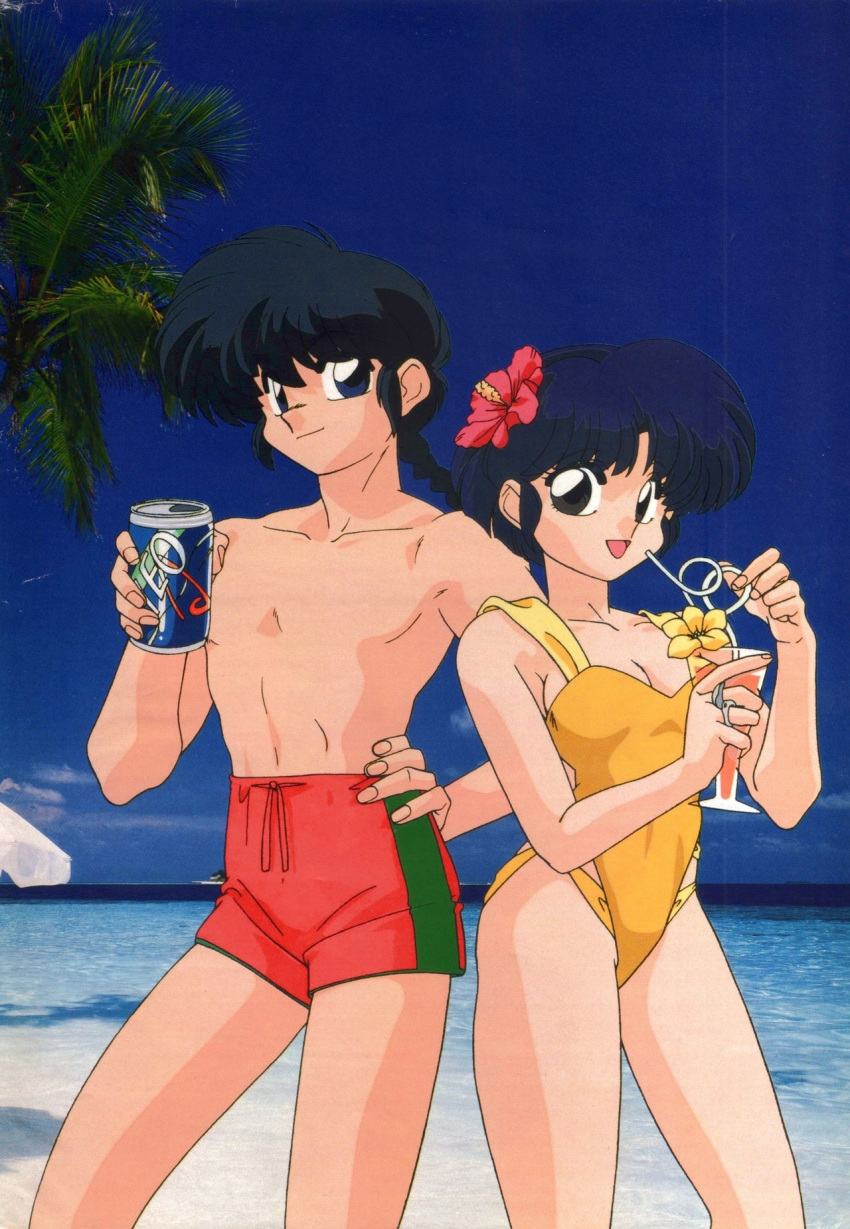 1boy :d alternate_costume animedia beach bendy_straw black_eyes black_hair blue_eyes blue_hair braid braided_ponytail breasts can cleavage closed_mouth cup dark_blue_hair drink drink_can drinking_straw english_commentary female fingernails flower flower_request hair_flower hair_ornament hand_on_one_hip highres holding holding_cup holding_drink looking_at_viewer magazine_scan male_focus male_swimwear medium_breasts nakajima_atsuko official_alternate_costume official_art open_mouth photo_background piglet pink_flower ranma_1/2 red_swim_trunks saotome_ranma scan sky smile soda soda_can summer swim_trunks swimsuit tendou_akane topless_male yellow_flower yellow_swimsuit