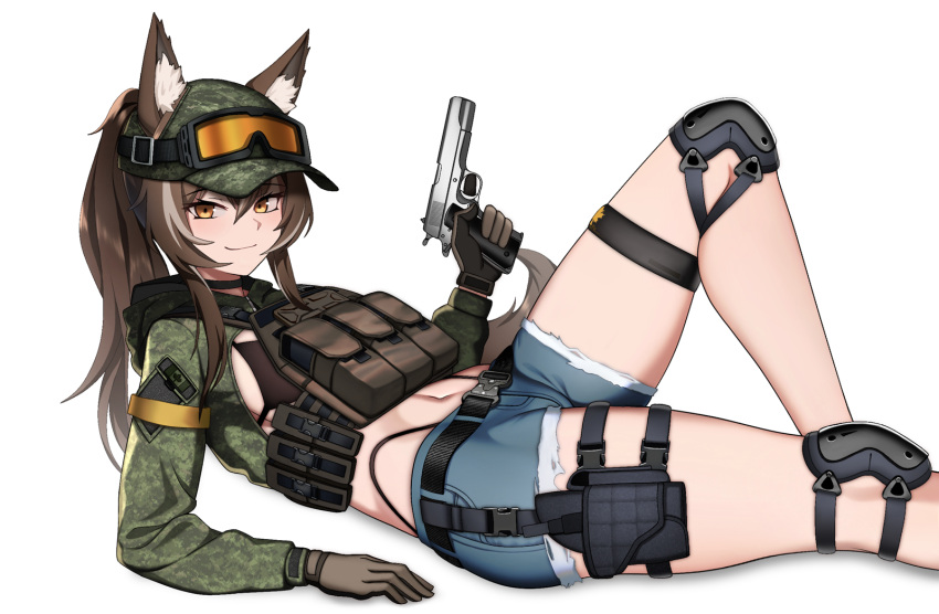 animal_ears belt bikini black_choker blue_shorts breasts brown_gloves brown_hair brown_vest callisto_(greyeth) camouflage camouflage_shirt cero_(last2stage) choker closed_mouth crop_top cutoffs denim denim_shorts feet_out_of_frame female framed_breasts gloves green_shirt gun handgun highleg highres holding holding_gun holding_weapon knee_pads knee_up long_hair long_sleeves looking_at_viewer lying medium_breasts midriff multicolored_hair navel on_back orange_eyes original ponytail shirt short_shorts shorts simple_background smile solo spaghetti_strap stomach streaked_hair string_bikini swimsuit thigh_strap thighs trigger_discipline vest weapon weapon_request white_background wolf_ears