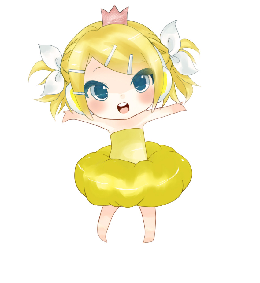 aqua_eyes beatmania_(series) blonde_hair blue_eyes chibi crown dress female highres kagamine_rin kuriguriko looking_at_viewer open_mouth parody short_hair short_twintails smile smooooch solo twintails vocaloid