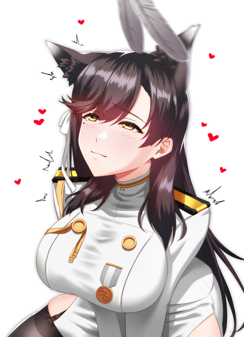 animal_ears atago_(azur_lane) azur_lane black_hair black_thighhighs breasts commentary_request commission dog_ears dog_girl epaulettes extra_ears feathers female garter_straps heart highres jacket kagiyama_(clave) large_breasts long_hair long_sleeves looking_up medal military_jacket mole mole_under_eye pixiv_commission simple_background skindentation skirt smile solo_focus thighhighs white_background white_jacket white_skirt yellow_eyes