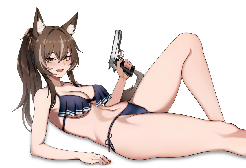 animal_ears bare_arms bare_legs bare_shoulders bikini black_bikini breasts brown_hair callisto_(greyeth) cero_(last2stage) cleavage feet_out_of_frame female gun halterneck handgun highres holding holding_gun holding_weapon knee_up long_hair looking_at_viewer lying medium_breasts multicolored_hair navel on_back open_mouth orange_eyes original ponytail side-tie_bikini_bottom simple_background smile solo stomach strap_gap streaked_hair string_bikini swimsuit thighs trigger_discipline weapon weapon_request white_background wolf_ears