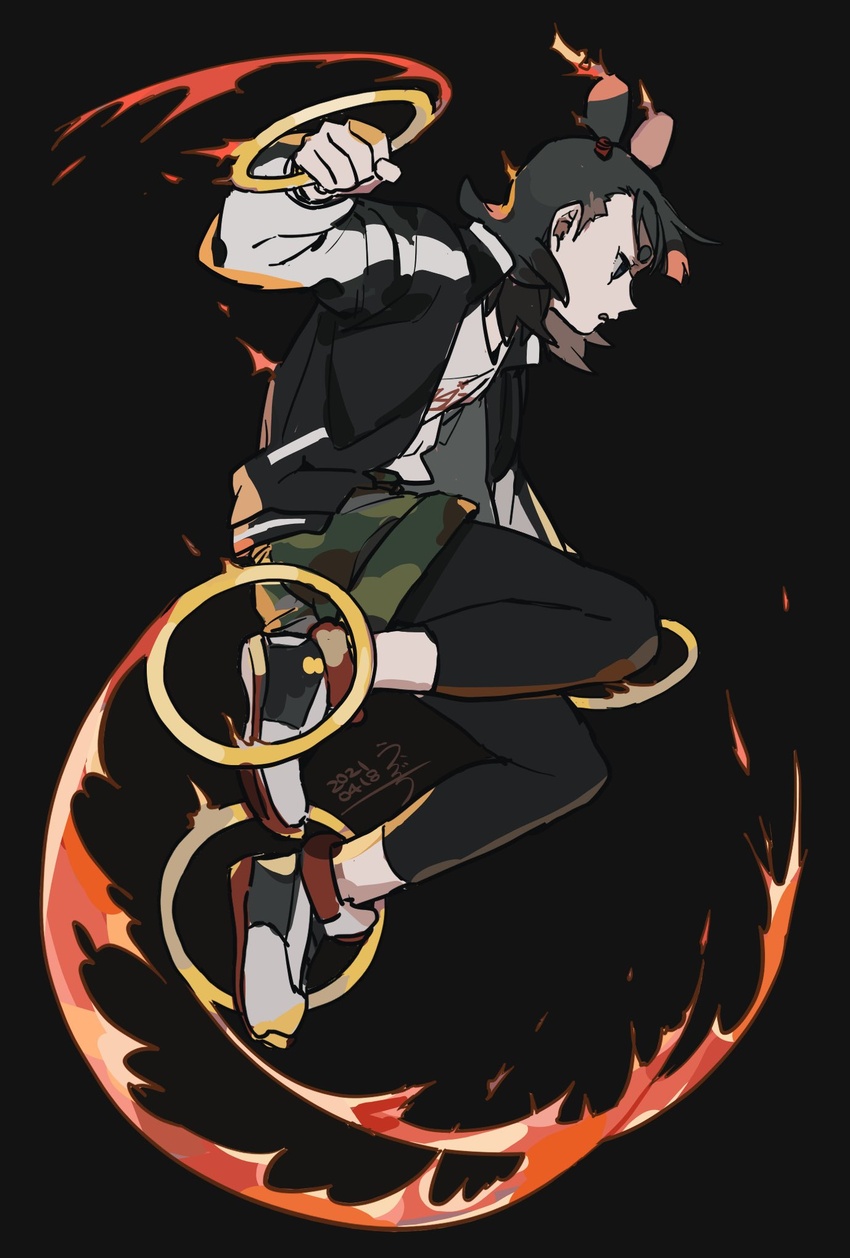 1boy black_background black_hair black_legwear camouflage camouflage_shorts double_bun drruraguchi fire full_body hair_bun highres hoop jacket long_hair luo_xiaohei_zhanji male_focus nezha_(the_legend_of_luoxiaohei) pantyhose_under_shorts print_shirt profile shirt shoes shorts simple_background solo white_shirt