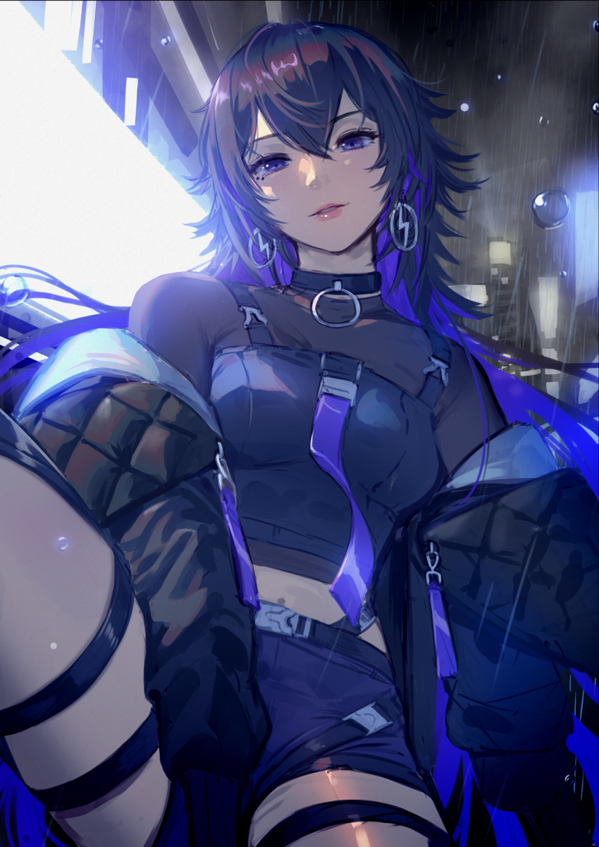 between_breasts between_legs black_choker blue_jacket breasts choker commentary cowboy_shot crop_top earrings female from_below hair_between_eyes highres jacket jewelry kamitsubaki_studio knee_up koko_(kamitsubaki_studio) long_hair looking_at_viewer medium_breasts messy_hair midriff navel necktie necktie_between_breasts o-ring o-ring_choker open_clothes open_jacket parted_lips purple_eyes purple_hair purple_necktie rain shorts sitting solo takami_masahiro thigh_strap thighs very_long_hair virtual_youtuber