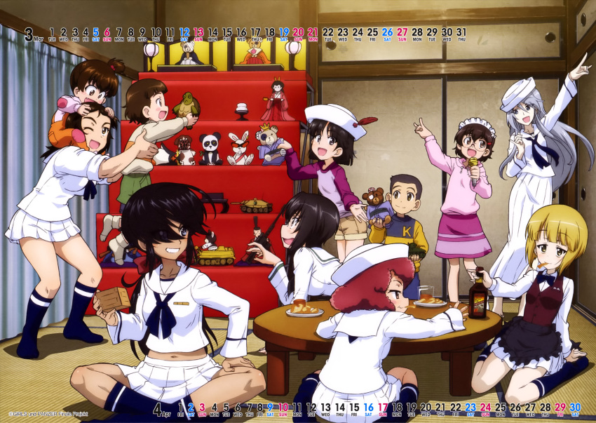 1boy 6+girls :d absurdres april apron arms_up black_hair black_necktie blonde_hair blue_socks boko_(girls_und_panzer) bow bowtie box brown_eyes brown_hair brown_shorts calendar_(medium) carrying cookie cutlass_(girls_und_panzer) doll door eating flint_(girls_und_panzer) food food_in_mouth girls_und_panzer glass glasses green_skirt grey_hair hair_between_eyes hair_ornament highres hina_ningyou hinadan hinamatsuri holding holding_box holding_doll indian_style indoors jagdpanzer_38(t) kawashima_momo kettenkrad long_skirt march midriff_peek military military_vehicle motor_vehicle multiple_girls murakami_(girls_und_panzer) navel necktie oerba_yun_fang official_art ogin_(girls_und_panzer) one_eye_closed ooarai_naval_school_uniform ooarai_school_uniform open_mouth orange_overalls overalls piggyback pink_shirt plate pleated_skirt purple_shirt red_hair red_vest rum_(girls_und_panzer) sailor_collar scan school_uniform serafuku shirt short_hair shorts sitting skirt sleeves_rolled_up smile socks standing stuffed_animal stuffed_toy table tank tatami toy toy_tank vest waitress white_headwear white_sailor_collar white_shirt white_skirt