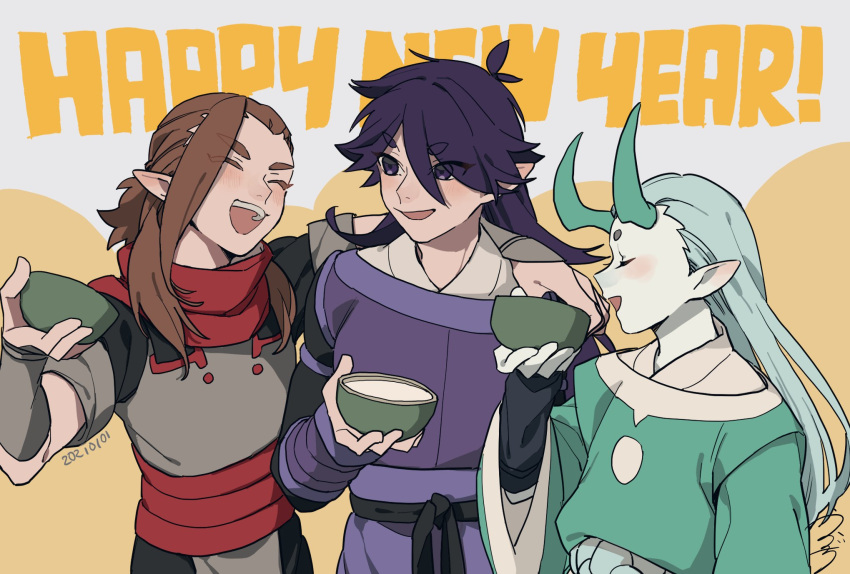 3boys aqua_hair aqua_horns blush brown_hair closed_eyes dated drruraguchi english_text eyes_visible_through_hair fengxi_(the_legend_of_luoxiaohei) hair_between_eyes happy_new_year highres holding horns long_sleeves luo_xiaohei_zhanji luozhu_(the_legend_of_luoxiaohei) male_focus multiple_boys new_year open_mouth purple_hair short_sleeves smile xuhuai_(the_legend_of_luoxiaohei)