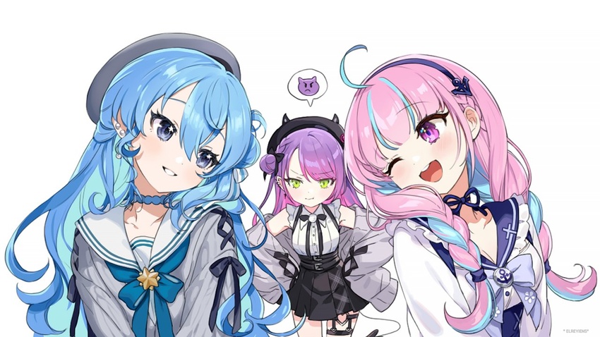 3girls ahoge anchor_symbol artist_name black_headwear black_skirt blue_eyes blue_hair blunt_bangs blush braid breasts cleavage collarbone collared_shirt colored_inner_hair earrings elreyiens green_eyes grey_headwear grey_shirt grin hair_between_eyes hands_on_own_hips hat heart hololive hoshimachi_suisei hoshimachi_suisei_(school_uniform) jewelry jirai_kei long_hair long_sleeves looking_at_another minato_aqua minato_aqua_(sailor) multicolored_hair multiple_earrings multiple_girls official_alternate_costume one_eye_closed open_mouth pink_eyes pink_hair pointy_ears pouch purple_hair sailor_collar shirt skirt sleeves_past_wrists smile spoken_emoji star_(symbol) star_in_eye startend_(hololive) symbol_in_eye tokoyami_towa tokoyami_towa_(jirai_kei) twin_braids two-tone_hair virtual_youtuber white_background white_shirt