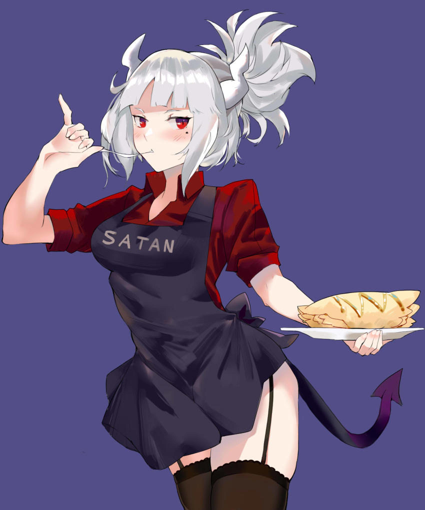 apron bad_id bad_twitter_id black_apron black_legwear blue_background blush breasts collared_shirt crepe demon_horns eating female food fork garter_straps helltaker highres holding holding_plate horns large_breasts looking_to_the_side lucifer_(helltaker) medium_hair mole mole_under_eye plate red_eyes red_shirt shiben_(ugvu5784) shirt short_hair simple_background sleeves_rolled_up standing tail thighhighs utensil_in_mouth white_hair white_horns