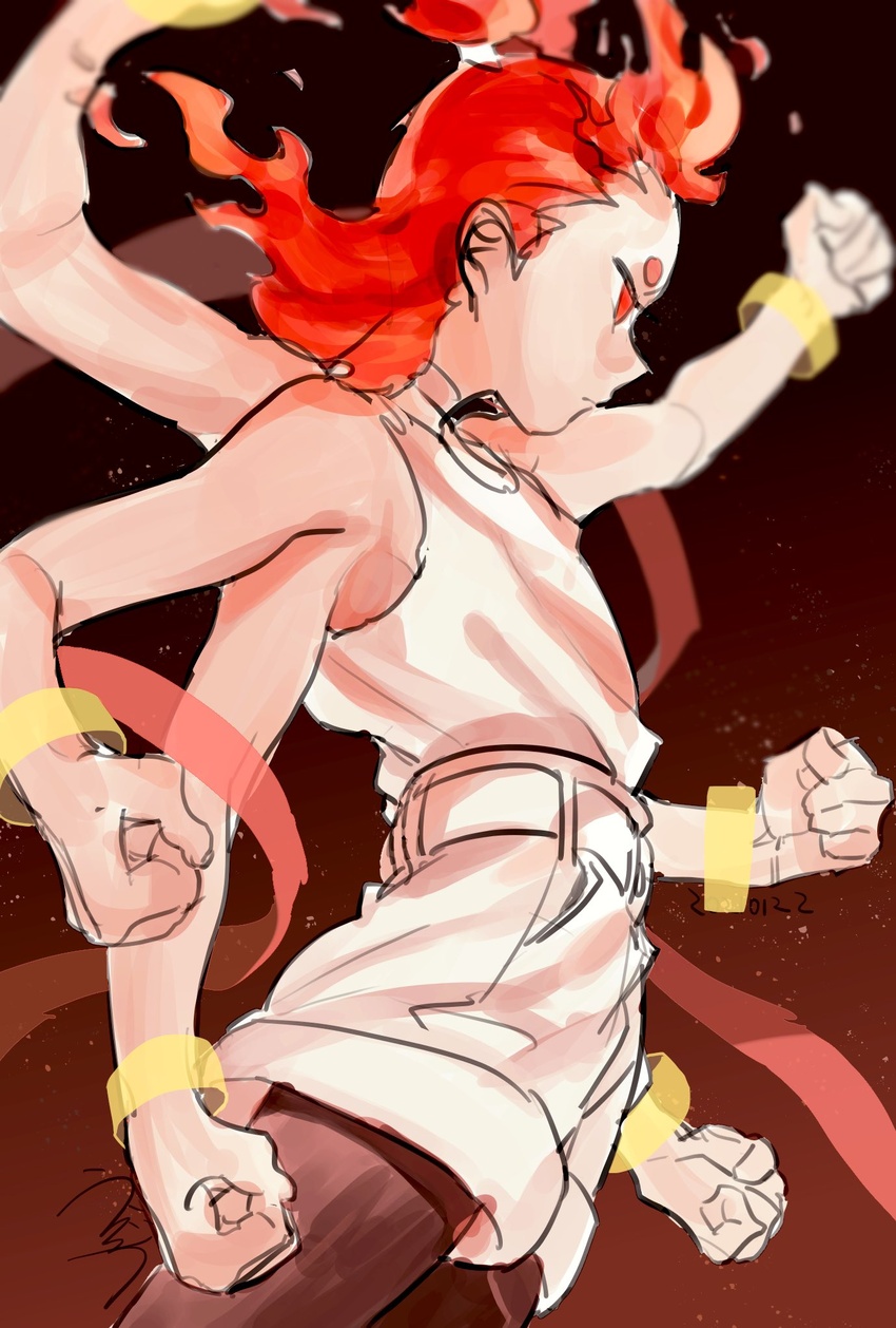 1boy belt black_legwear bracelet clenched_hands cowboy_shot double_bun drruraguchi extra_arms fiery_hair hair_bun highres jewelry luo_xiaohei_zhanji male_focus nezha_(the_legend_of_luoxiaohei) pantyhose_under_shorts profile red_eyes red_hair shirt_tucked_in shorts solo tank_top white_shorts white_tank_top