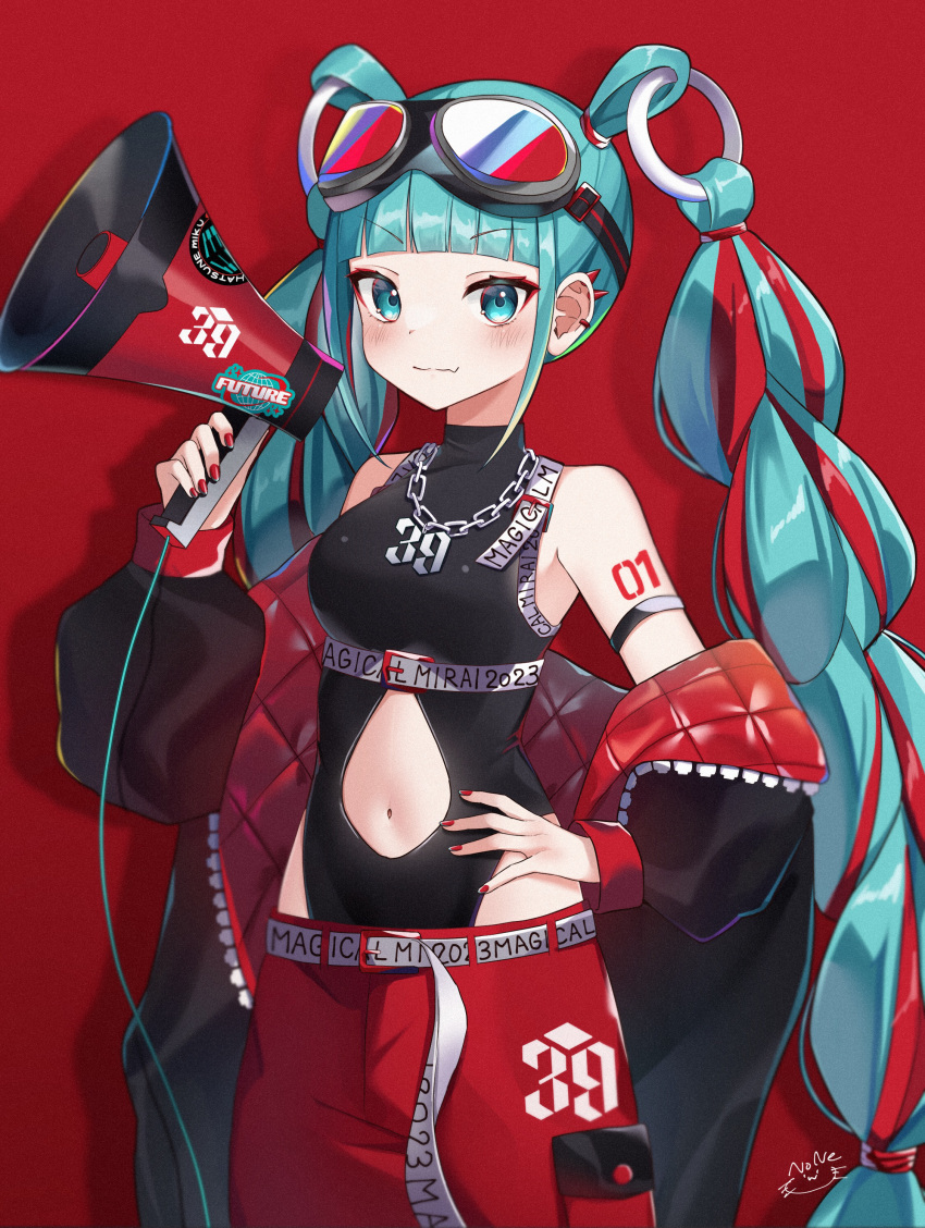 39 absurdres aqua_hair bare_shoulders black_jacket black_leotard blue_eyes blunt_bangs blush breasts chain_necklace chains closed_mouth clothing_cutout commentary down_jacket drop_shadow fang_out female goggles goggles_on_head hand_on_own_hip hatsune_miku highres holding holding_megaphone jacket jewelry leotard leotard_under_clothes long_hair long_sleeves looking_at_viewer magical_mirai_(vocaloid) magical_mirai_miku magical_mirai_miku_(2023) megaphone multicolored_hair nail_polish navel navel_cutout necklace noneon319 oerba_yun_fang off_shoulder open_clothes open_jacket pants puffy_long_sleeves puffy_sleeves red_background red_hair red_nails red_pants ring_hair_ornament simple_background skin_fang sleeves_past_wrists small_breasts smile solo spiked_ear_piercing stomach_cutout streaked_hair twintails two-tone_hair v-shaped_eyebrows very_long_hair vocaloid