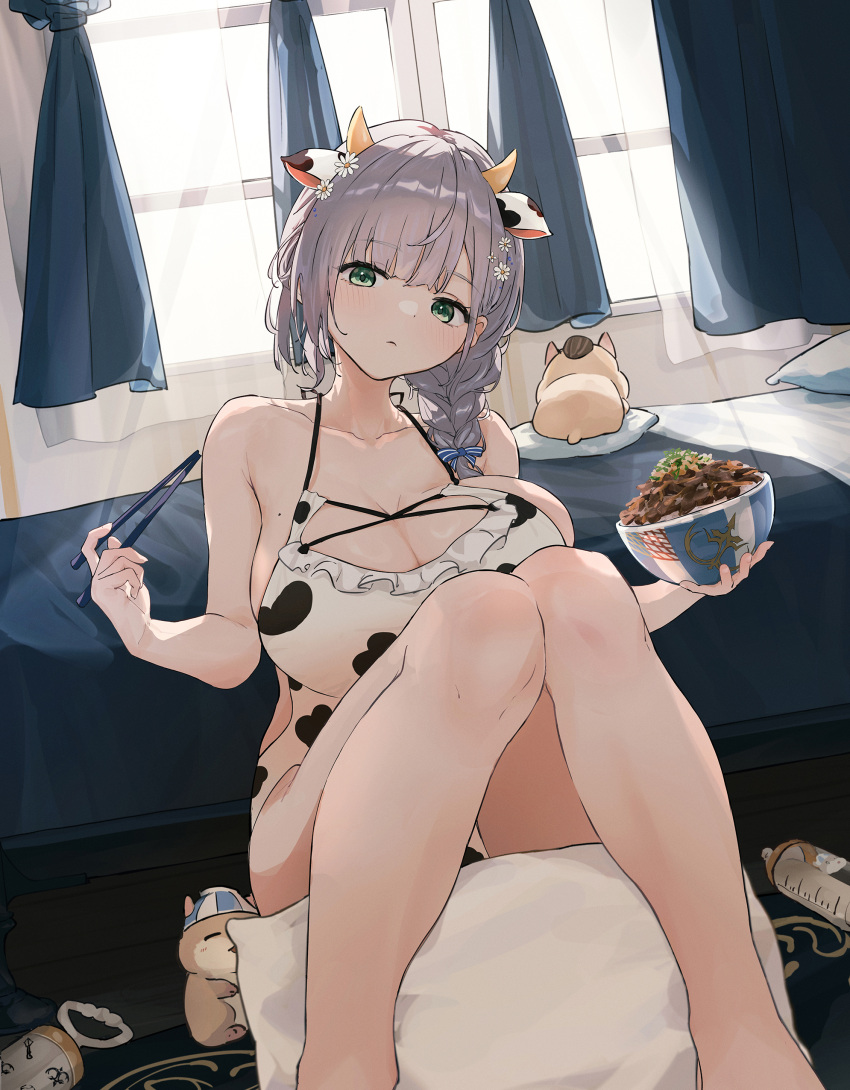 absurdres animal_ears animal_print apron baby_bottle bare_legs bed blush bottle bowl braid breasts chopsticks cow_ears cow_horns cow_print curtains dan'in-san_(shirogane_noel) die_suki fake_animal_ears fake_horns feet_out_of_frame female flower food green_eyes grey_hair gyuudon hair_flower hair_ornament hair_ribbon highres holding holding_bowl holding_chopsticks hololive horns indoors knees_up large_breasts legs looking_at_viewer medium_hair naked_apron open_mouth pillow pop_(shirogane_noel) rattle ribbon shirogane_noel single_braid sitting solo virtual_youtuber