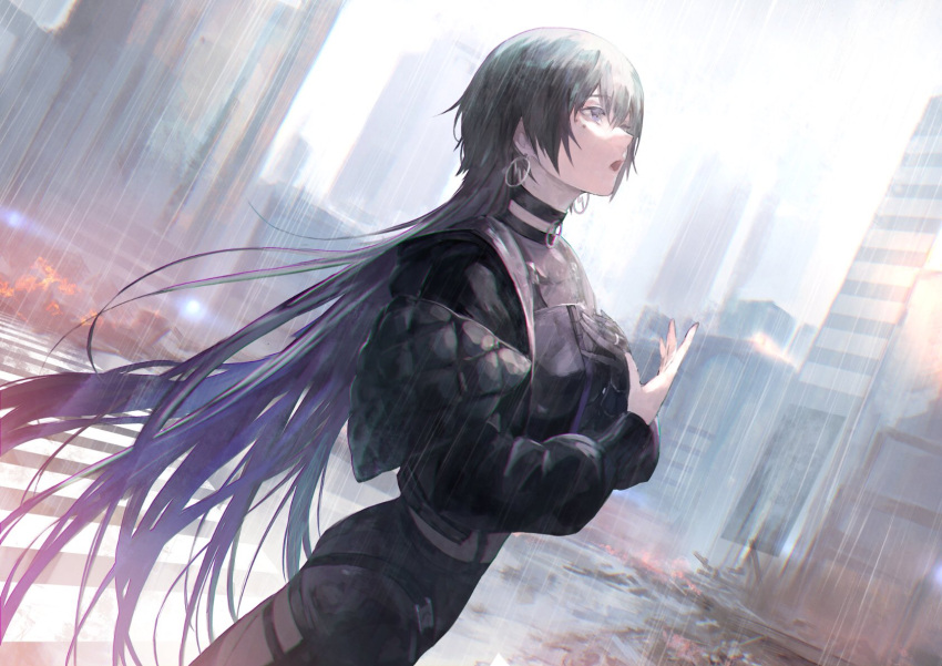 belt black_hair breasts building commentary earrings eyebrows_hidden_by_hair female hair_between_eyes highres jacket jewelry kamitsubaki_studio koko_(kamitsubaki_studio) long_hair looking_up open_mouth outdoors shirataki_jiro shorts solo sunlight virtual_youtuber