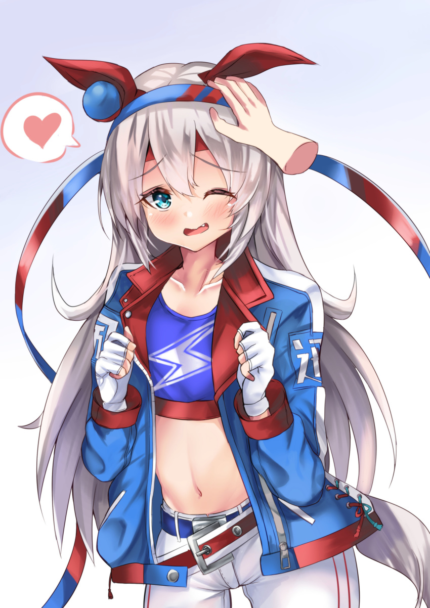 absurdres animal_ears blue_eyes blush breasts collarbone crop_top disembodied_hand female fingerless_gloves gloves grey_hair grey_tail headband headpat highres horse_ears horse_girl horse_tail jacket long_hair looking_at_viewer midriff navel oerba_yun_fang one_eye_closed pants setu_(shining12) simple_background small_breasts tail tamamo_cross_(umamusume) umamusume