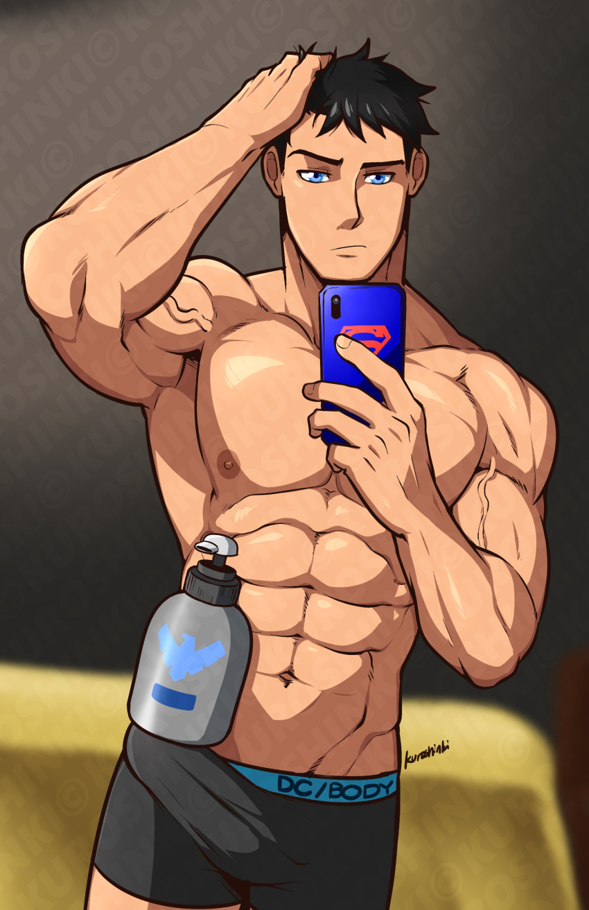 1boy abs absurdres arm_up bara black_hair black_male_underwear blue_eyes bottle boxers bulge cellphone closed_mouth clothes_writing commentary dc_comics english_commentary erection erection_under_clothes hand_on_own_head highres holding holding_phone kon-el kuroshinki looking_at_viewer male_focus male_underwear muscular muscular_male navel nipples pectorals phone shampoo_challenge short_hair signature smartphone solo standing superboy superman_(series) topless_male underwear underwear_only veins water_bottle watermark