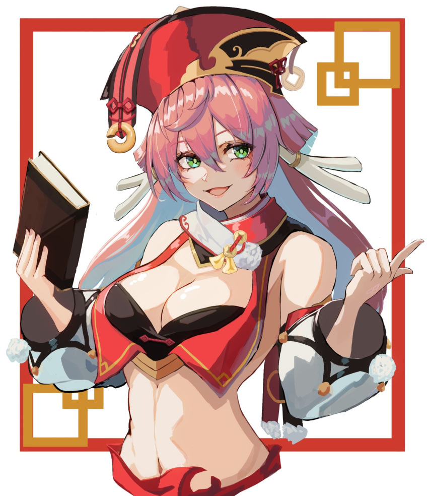 alternate_breast_size bare_shoulders black_bra book border bra breasts cleavage collarbone crop_top detached_collar detached_sleeves female genshin_impact green_eyes hair_between_eyes hat highres holding holding_book index_finger_raised large_breasts long_hair midriff moppo multicolored_hair navel open_mouth pink_hair red_border red_hat smile solo two-tone_hair underwear upper_body white_background white_hair yanfei_(genshin_impact)