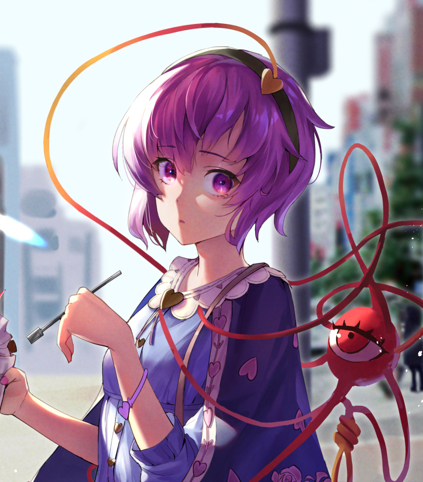 adapted_costume aya_(lezon) blouse blue_shawl blue_shirt bracelet city commentary_request day expressionless female floral_print food hair_between_eyes head_tilt highres holding holding_food jewelry komeiji_satori looking_at_viewer outdoors parfait purple_eyes purple_hair rose_print shawl shirt short_hair solo third_eye touhou