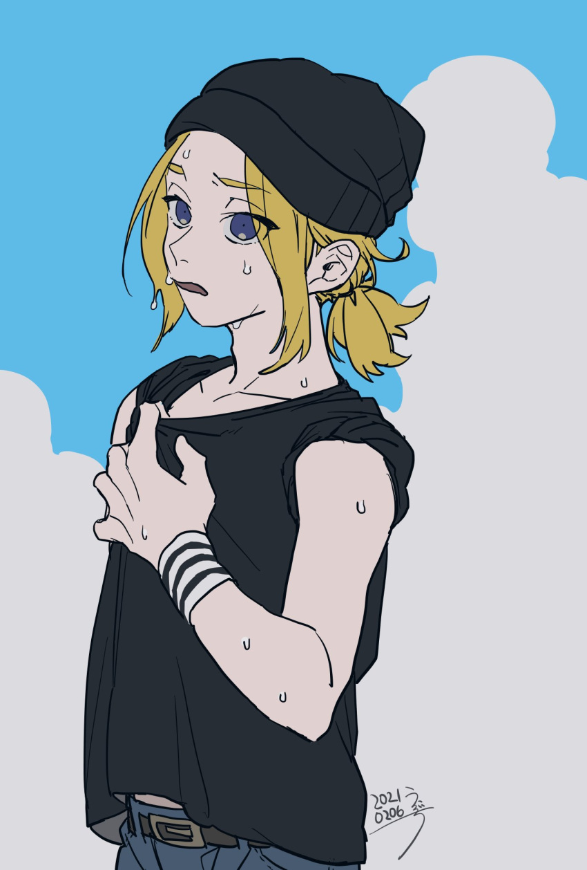 1boy a'he_(the_legend_of_luoxiaohei) beanie belt black_hat black_shirt blonde_hair blue_eyes blue_pants commentary_request dated drruraguchi eyes_visible_through_hair hand_up hat highres luo_xiaohei_zhanji male_focus pants parted_lips shirt sleeveless sleeveless_shirt solo sweat upper_body