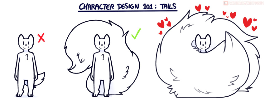 ambiguous_gender anthro big_tail black_and_white chart check_mark chest_tuft fluffy fluffy_tail fur heart_symbol hi_res huge_tail humor hyper hyper_tail long_tail monochrome nicopossum patreon patreon_logo short_legs short_tail simple_background smile solo standing tail text tuft url watermark white_background white_body white_fur