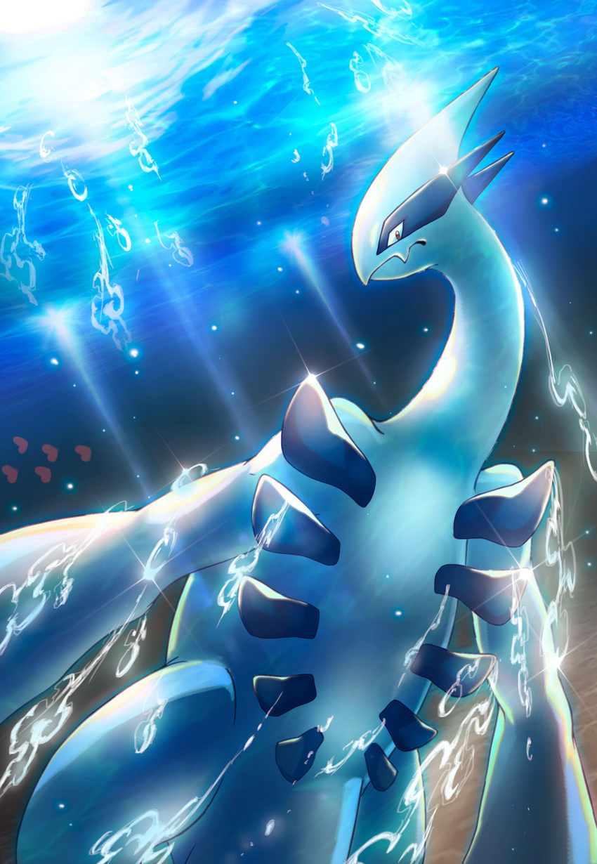 closed_mouth heart highres looking_at_viewer looking_back lugia marine_day no_humans ocean oerba_yun_fang pokemon pokemon_(creature) red_eyes skin_fang sparkle sunlight tosaka_rai underwater water