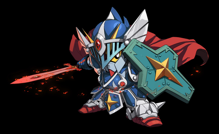 bad_id bad_pixiv_id cape chibi gundam holding holding_shield holding_sword holding_weapon im_(badmasa) knight knight_gundam looking_at_viewer mecha no_humans robot science_fiction sd_gundam sd_gundam_gaiden shield solo sword v-fin weapon yellow_eyes