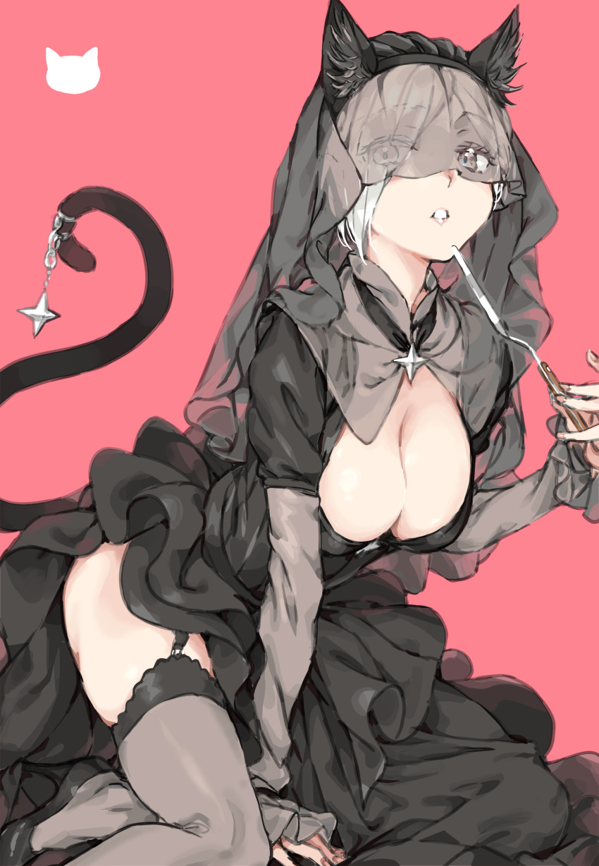 absurdres animal_ears black_dress black_footwear black_tail breasts cat_ears cat_girl cat_tail cleavage dress female fingernails grey_eyes haimura_kiyotaka highres large_breasts mina_mathers pink_background simple_background solo tail thighhighs thighs toaru_majutsu_no_index toaru_majutsu_no_index:_imaginary_fest toaru_majutsu_no_index:_new_testament veil white_hair