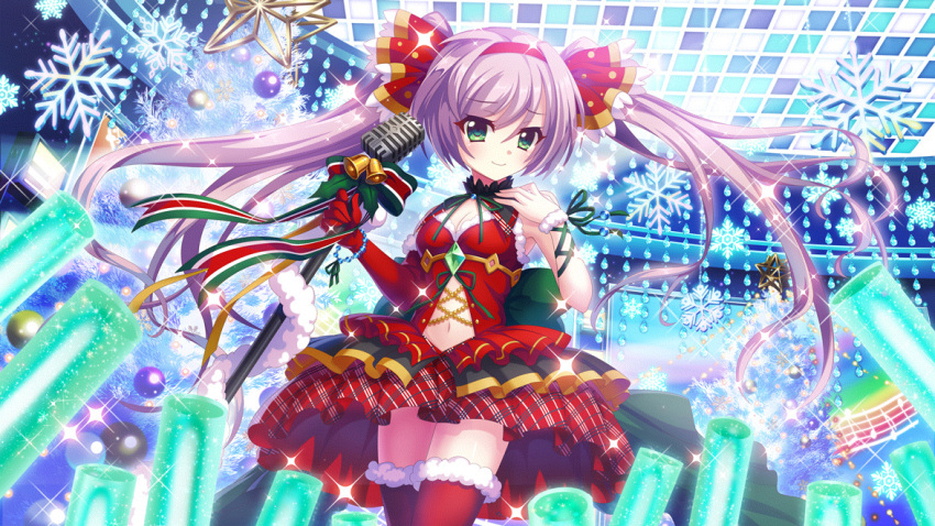 arm_ribbon bell breasts ceiling chains christmas christmas_ornaments christmas_tree cleavage concert diamond_(shape) dot_nose female film_grain from_below game_cg gem glowstick gold_chain green_eyes green_gemstone green_ribbons green_skirt hair_intakes hairband hand_on_own_chest holding holding_microphone_stand idol izumi_tsubasu layered_skirt long_hair medium_breasts microphone_stand misaki_sango multicolored_clothes multicolored_ribbon multicolored_skirt musical_note navel neck_garter non-web_source official_art plaid plaid_skirt polka_dot purple_hair re:stage! red_hairband red_ribbon red_skirt red_thighhighs ribbon screen skirt smile snowflakes solo staff_(music) stage stage_lights star_(symbol) stomach thighhighs twintails very_long_hair white_stripes zettai_ryouiki