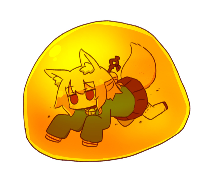 amber_(gemstone) animal_ear_fluff animal_ears bell blonde_hair blush brown_collar collar commentary_request duplicate female fox_ears fox_girl fox_tail gem green_shirt hair_bun hair_ornament jingle_bell kemomimi-chan_(naga_u) long_hair long_sleeves naga_u neck_bell original pixel-perfect_duplicate pleated_skirt purple_skirt red_eyes ribbon-trimmed_thighhighs ribbon_trim shirt simple_background single_hair_bun skirt sleeves_past_fingers sleeves_past_wrists solo tail thighhighs white_background white_thighhighs