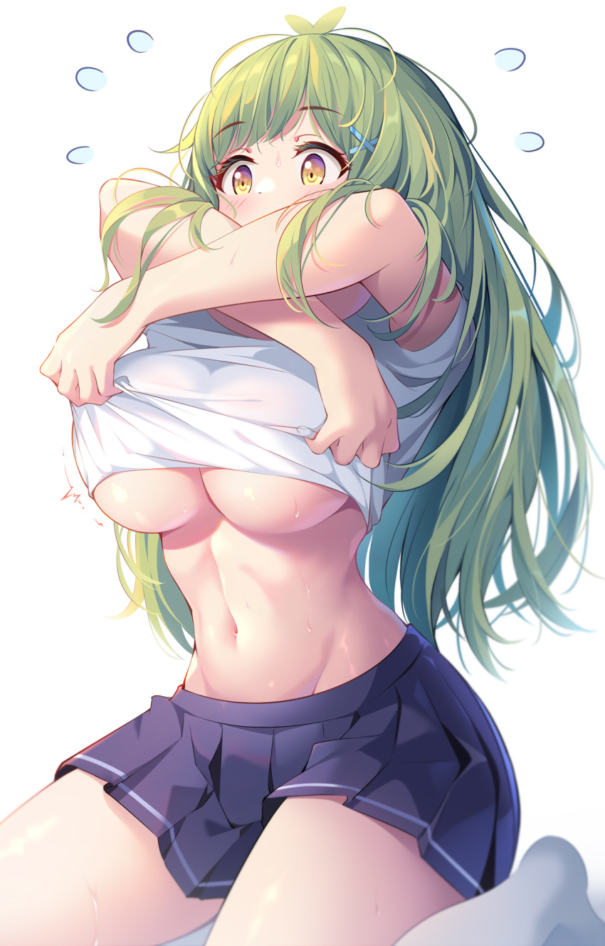 blue_skirt blush breasts clothes_lift commentary cowboy_shot crossed_arms female flying_sweatdrops green_hair hair_ornament hairclip highres kagami_(galgamesion) large_breasts linea_alba long_hair midriff miniskirt narrowed_eyes navel no_bra original pleated_skirt seiza shirt shirt_lift simple_background sitting skirt solo sweatdrop swept_bangs symbol-only_commentary tareme tight_clothes tight_shirt underboob white_shirt x_hair_ornament yellow_eyes