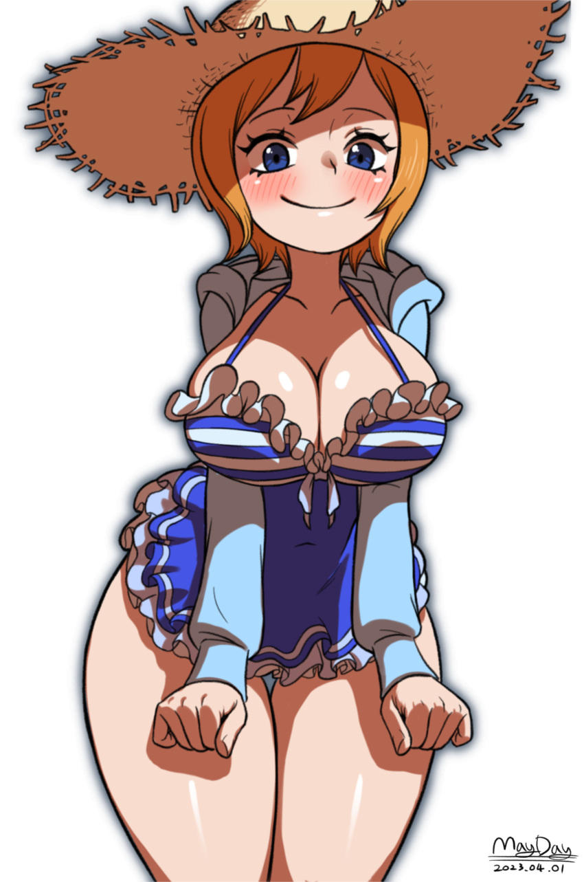 absurdres artist_name bad_id bad_pixiv_id blue_dress blue_eyes blush breasts cleavage closed_mouth cowboy_shot dated dress female frills hat highres koala_(one_piece) large_breasts looking_at_viewer maydaykiki one_piece one_piece_treasure_cruise orange_hair short_hair smile solo straw_hat thick_thighs thigh_gap thighs transparent_background