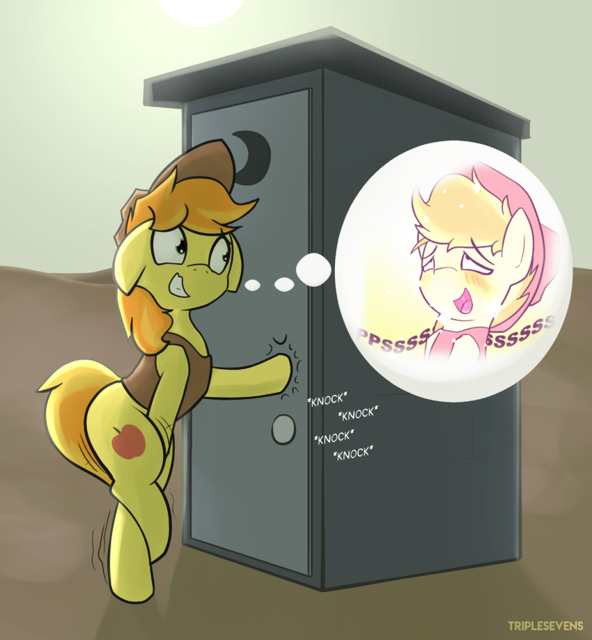 2020 blush bodily_fluids braeburn_(mlp) clothed clothing crossed_legs desert desperation digital_media_(artwork) earth_pony equid equine feral friendship_is_magic genital_fluids hasbro hi_res holding_crotch horse knocking male mammal my_little_pony omorashi open_mouth outhouse outside peeing pony potty_dance solo topwear triplesevens_(artist) urine vest watersports