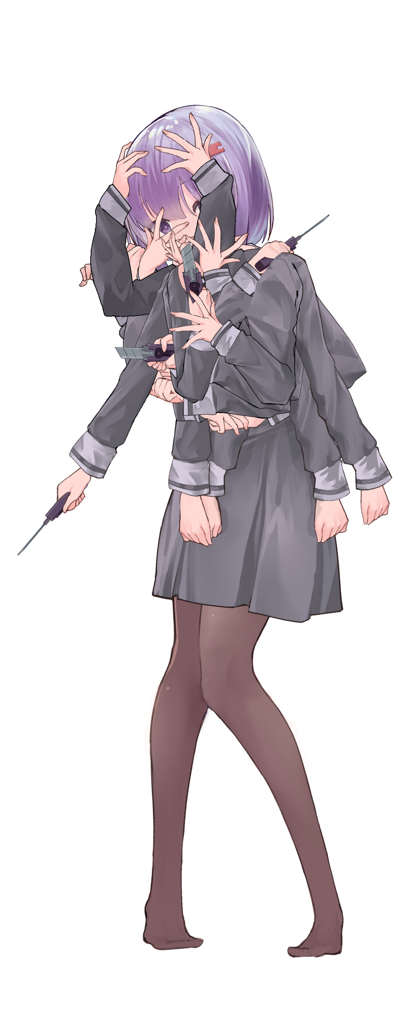 a.i._voice absurdres boxcutter covering_face extra_arms female full_body grey_shirt grey_skirt hair_ornament hairclip hands_on_lap hands_on_own_face hands_on_own_head hands_up highres holding holding_boxcutter knees_together_feet_apart long_sleeves microa miniskirt no_shoes own_hands_together pantyhose pigeon-toed pleated_skirt purple_eyes purple_hair purple_pupils school_uniform shirt short_hair simple_background skirt solo standing surreal tachi-e voiceroid white_background yuzuki_yukari yuzuki_yukari_(shizuku)