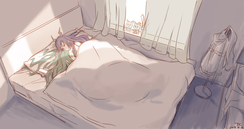 2girls absurdres arknights bed bed_sheet bedroom blue_hair ch'en_(arknights) choshanland_plushy_(arknights) coat curtains green_hair highres horns hoshiguma_(arknights) indoors long_hair multiple_girls on_bed pillow plant potted_plant red_eyes single_horn sleeping stuffed_animal stuffed_toy tory-chen window yuri