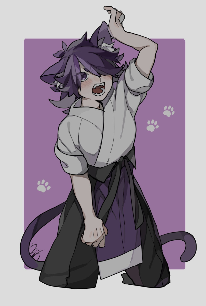 1boy animal_ears arm_up black_pants blush cropped_legs drruraguchi fengxi_(the_legend_of_luoxiaohei) hair_over_one_eye highres long_hair luo_xiaohei_zhanji male_focus pants paw_print purple_background purple_hair shadow short_sleeves solo tail