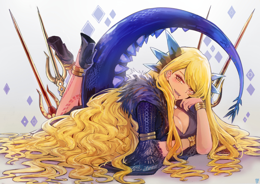 absurdres blonde_hair breasts chin_piercing cleavage cleavage_cutout clothing_cutout dragon dragon_girl dragon_horns dragon_tail dress fate/grand_order fate_(series) female high_heels highres horns long_hair looking_at_viewer lying ootato polearm sharp_teeth simple_background solo spear spikes spines tail tattoo teeth very_long_hair vritra_(fate) weapon yellow_eyes