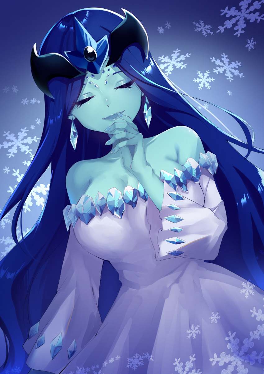 absurdres bakuten_shoot_beyblade bare_shoulders beyblade blue_skin breasts cleavage closed_eyes colored_skin dress earrings facing_viewer female hand_up highres jewelry large_breasts long_hair meronnpannpi open_mouth snowflakes solo standing white_dress yuki_onna yuki_onna_(beyblade)