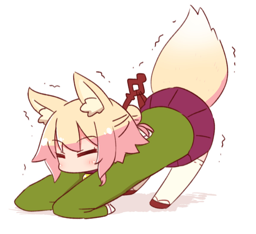 all_fours animal_ear_fluff animal_ears blonde_hair blush brown_footwear cat_stretch commentary_request downward_dog duplicate female fox_ears fox_girl fox_tail full_body green_shirt hair_bun hair_ornament kemomimi-chan_(naga_u) long_hair long_sleeves naga_u original pixel-perfect_duplicate pleated_skirt purple_skirt ribbon-trimmed_thighhighs ribbon_trim sandals shadow shirt sidelocks single_hair_bun skirt sleeves_past_fingers sleeves_past_wrists solo stretching tail tail_raised thighhighs trembling white_background white_thighhighs zouri