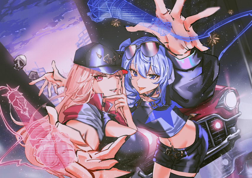 2girls blue_eyes blue_hair capsule_(hololive) car choker commentary_request eyewear_on_head hand_on_own_face hat headlight highres hololive hololive_english hoshimachi_suisei jacket lipstick looking_at_viewer makeup microphone mori_calliope motor_vehicle multiple_girls navel pink_eyes pink_hair red_eyes reflection set7 shorts skull skyline star_(symbol) sunglasses thighhighs virtual_youtuber zettai_ryouiki