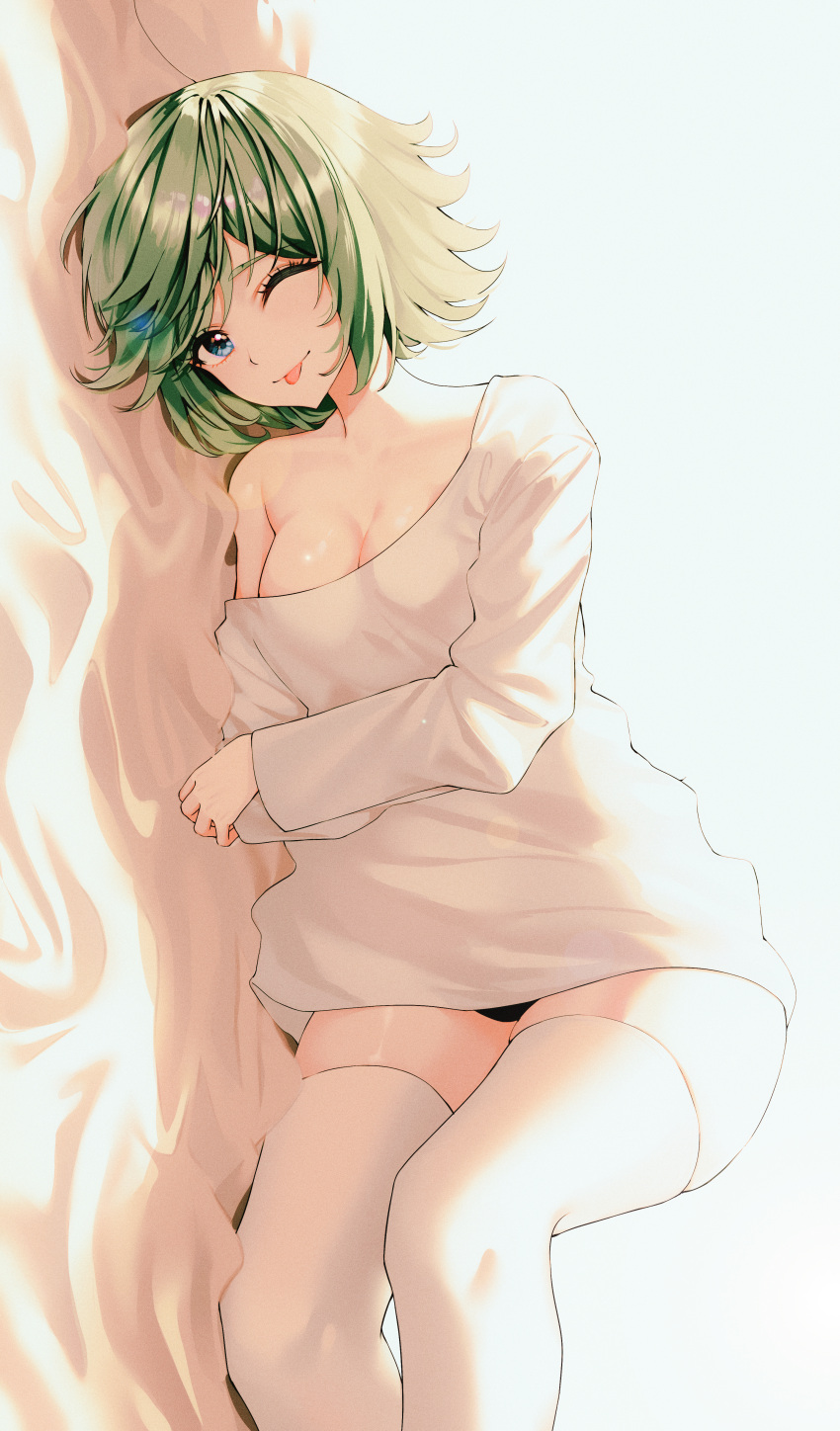 ;p absurdres alternate_costume black_panties blue_eyes breasts cleavage commission female green_hair gunvolt_chronicles_luminous_avenger_ix highres hugging_object jisu_lee large_breasts long_sleeves lying on_side one_eye_closed panties pillow pixiv_commission roro_(gunvolt) shirt short_hair single_bare_shoulder solo thighhighs tongue tongue_out underwear white_shirt white_thighhighs