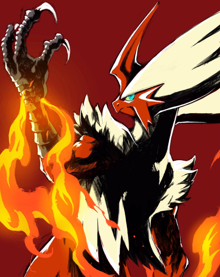 1other blaziken claws closed_mouth fire fur_trim glowing glowing_eye green_hair hand_up highres looking_at_viewer looking_back mega_blaziken mega_pokemon muscular pokemon pokemon_(creature) red_background simple_background solo tosaka_rai