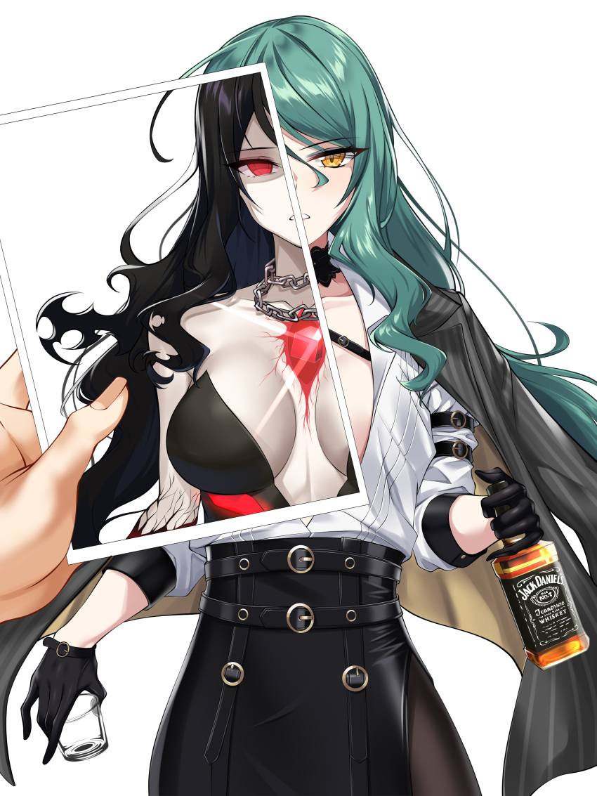 1other absurdres alcohol arm_belt belt_buckle black_choker black_gloves black_hair black_legwear black_skirt bottle breasts breasts_apart buckle chain_necklace chains chest_jewel chest_strap choker coat coat_on_shoulders collarbone collared_shirt commentary_request corruption counter:side cowboy_shot cup drinking_glass dual_persona elze_(s01047480836) empty_eyes female fingerless_gloves frown glass_bottle glint gloves green_hair hair_between_eyes half_gloves highres holding holding_bottle holding_cup holding_photo jack_daniel's jewelry korean_commentary lapels light_blush long_hair looking_at_viewer medium_breasts ministra necklace no_pupils open_clothes open_shirt pale_skin pantyhose parted_bangs parted_lips partially_unbuttoned photo_(object) pinstripe_pattern pov pov_hands product_placement red_eyes rita_arsenico shaded_face shirt shirt_tucked_in side_slit sidelocks simple_background single_bare_shoulder skirt sleeves_past_elbows solo_focus split_theme spoilers striped swept_bangs tsurime very_long_hair wavy_hair whiskey white_background white_shirt yellow_eyes